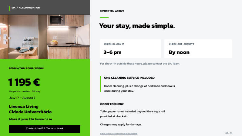 Brochure information for the S27 EIA study abroad housing costs and details with check-in notes